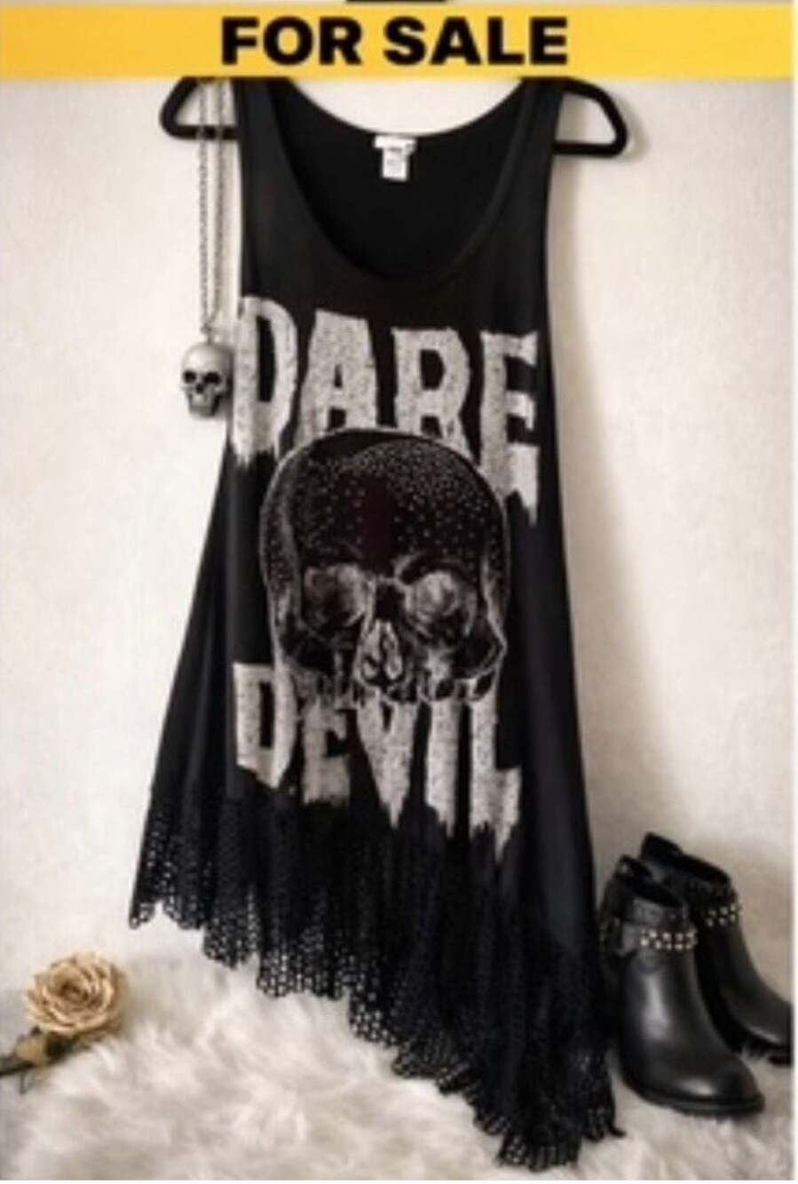 Dare Devil Black Skull Lace-Hem Tank Top